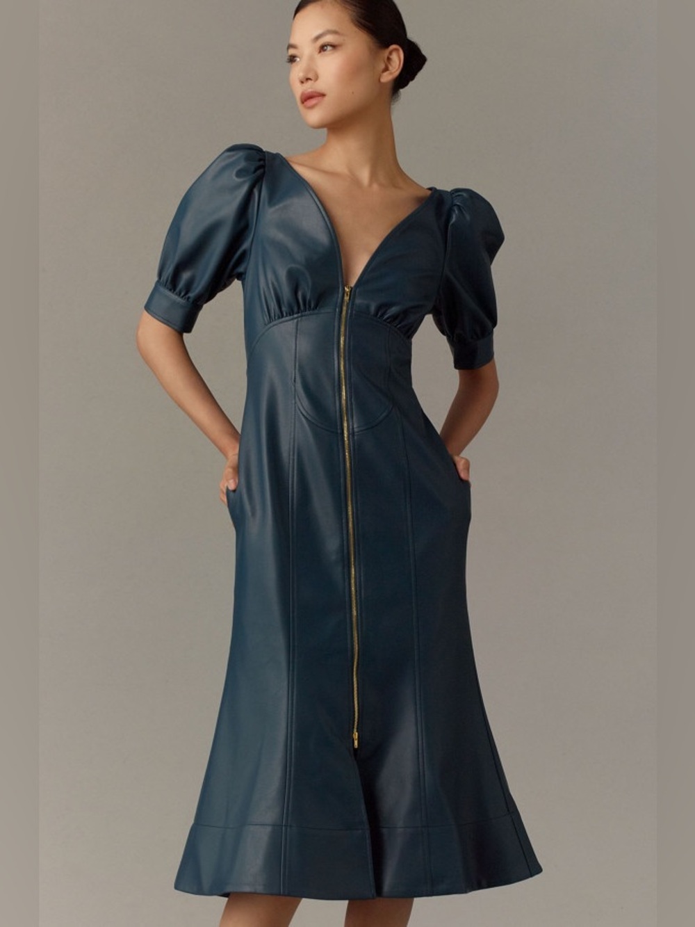 Anthropologie Vegan Leather Puff Sleeve Zip Front Midi Dress Blue Size 6